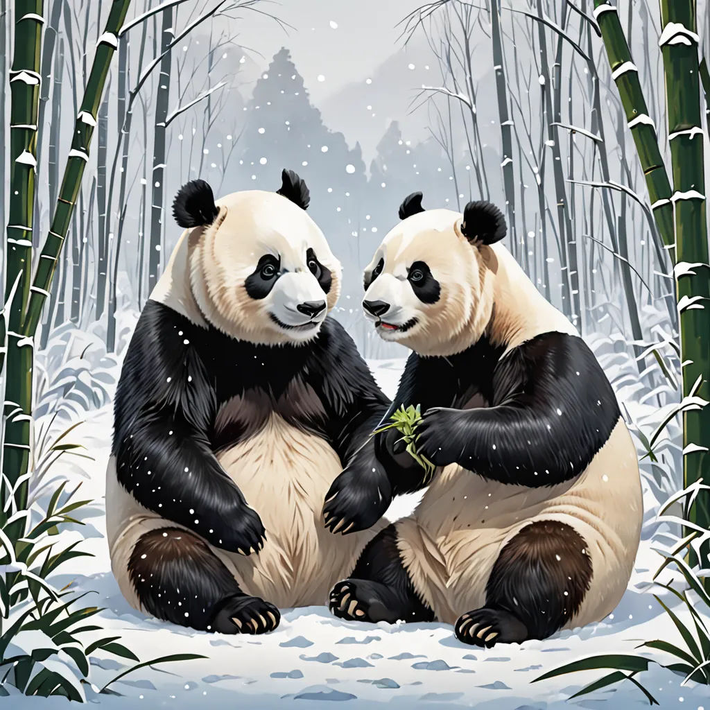 two panda bears sitting on the ground in the snow with bamboo trees in the background and snow falling on the ground, Chris LaBrooy, naive art, a storybook illustration, official art