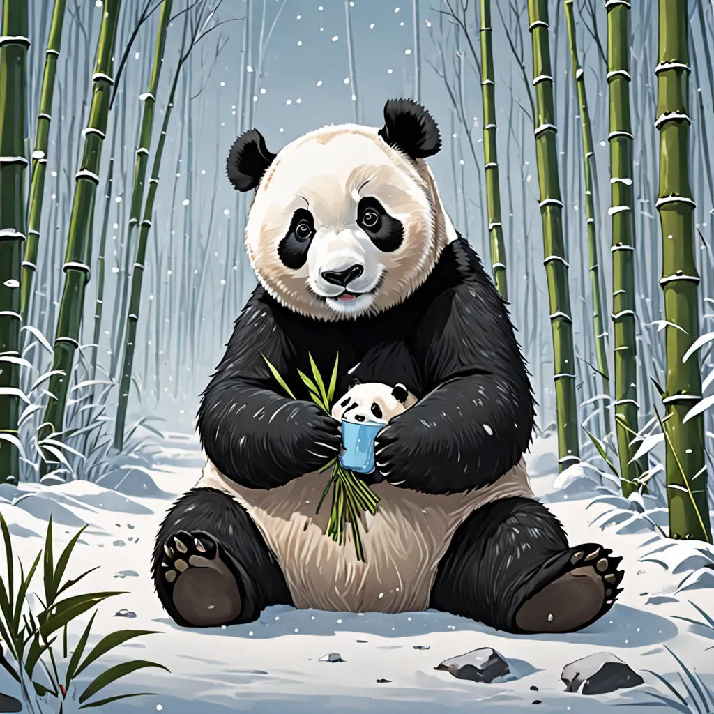 a panda bear sitting in the snow eating bamboo leaves with a blue cup in its paws and a bamboo tree in the background, Cyril Rolando, digital art, a storybook illustration, storybook illustration