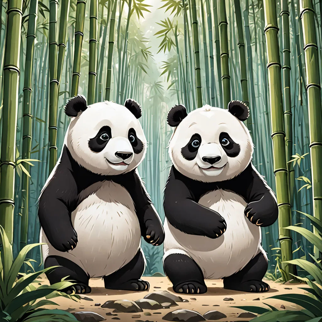 two pandas standing in front of a bamboo forest with bamboo trees in the background and a bright light shining down on them, Andries Both, furry art, a digital painting, official art