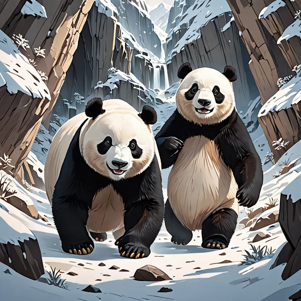 two pandas are walking in the snow together, one is holding the other's back paws and the other is holding the other's hand, Chris LaBrooy, furry art, a detailed painting, official art