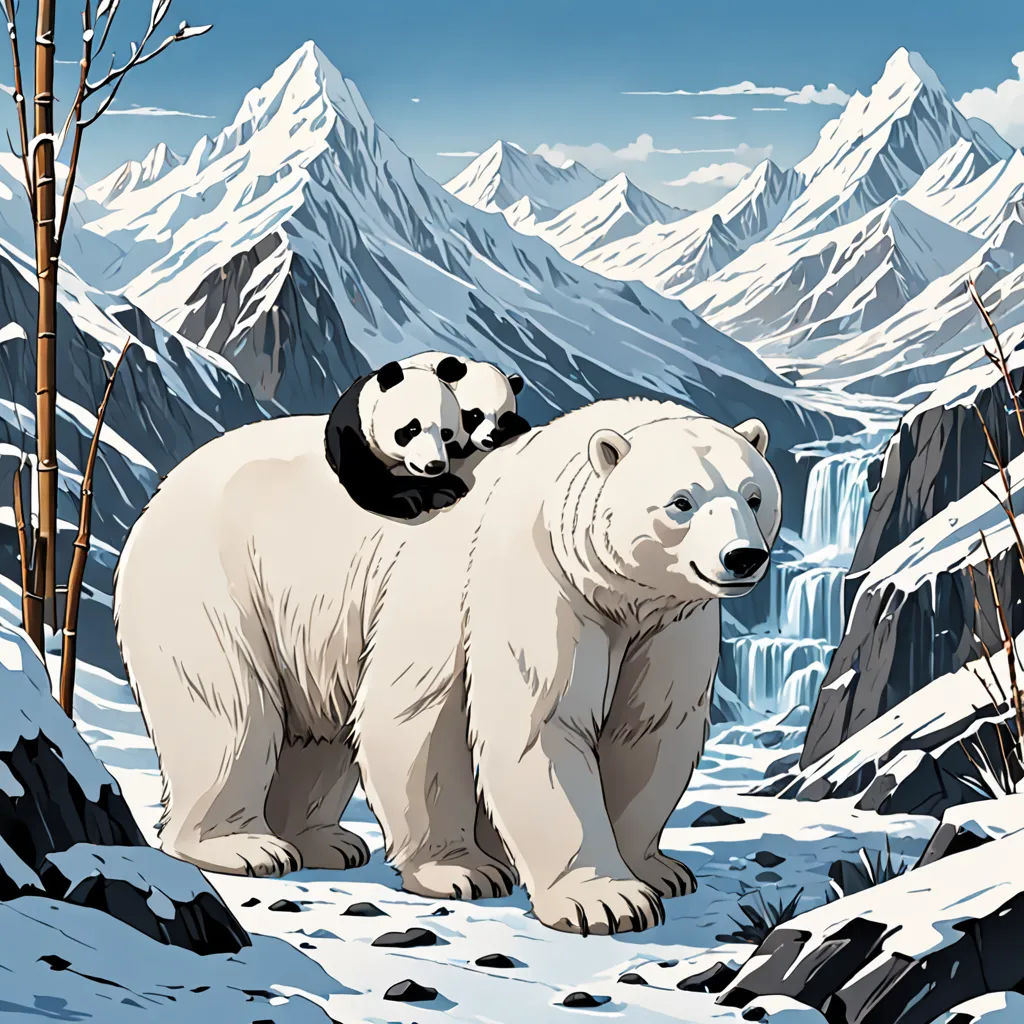 a panda bear and a panda cub are sitting on a snow covered mountain side with a waterfall in the background, Chris LaBrooy, environmental art, a storybook illustration, josan gonzales and dan mumford