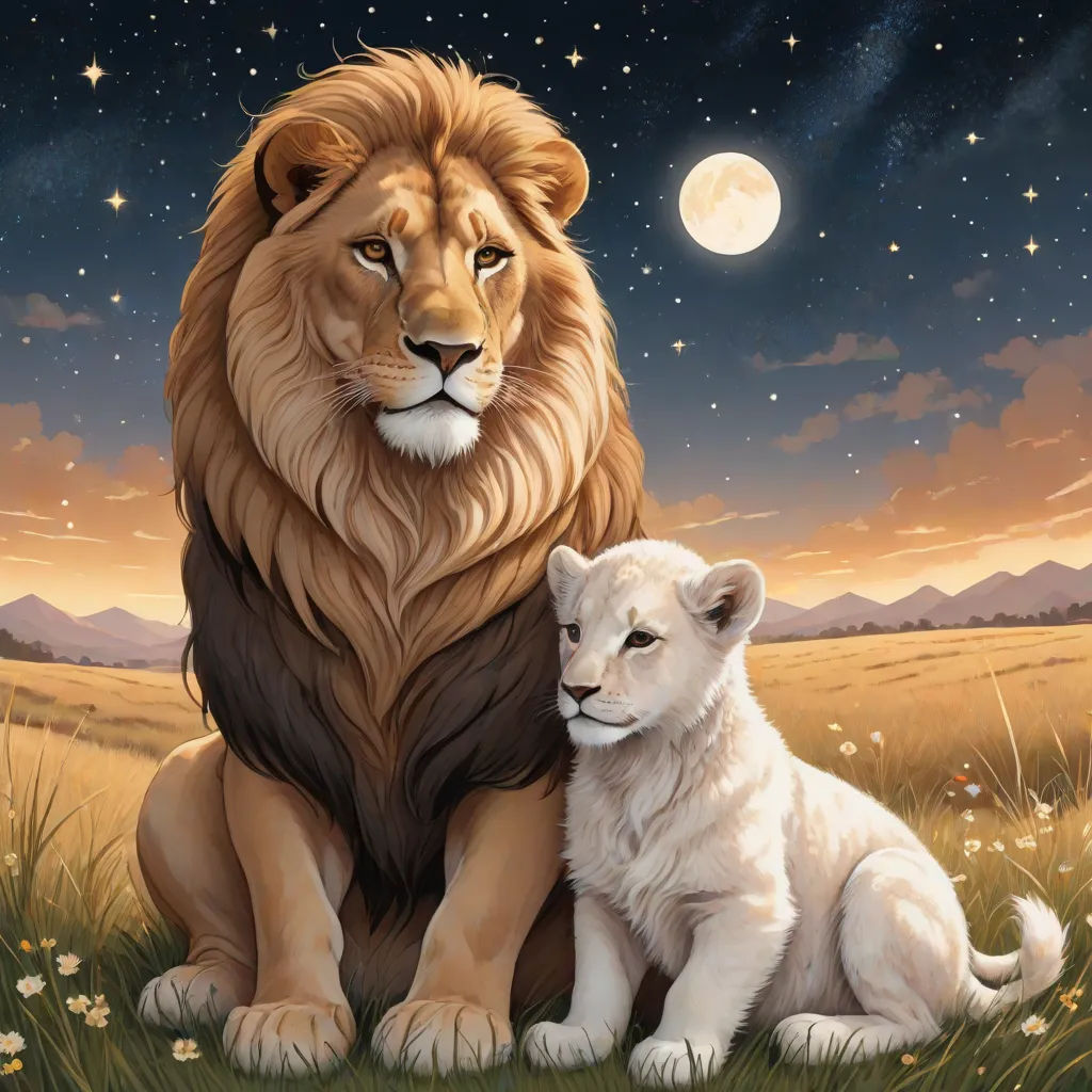a lion and a cub sitting in a field at night with the moon in the background and stars in the sky, Anne Stokes, furry art, an oil painting, official art