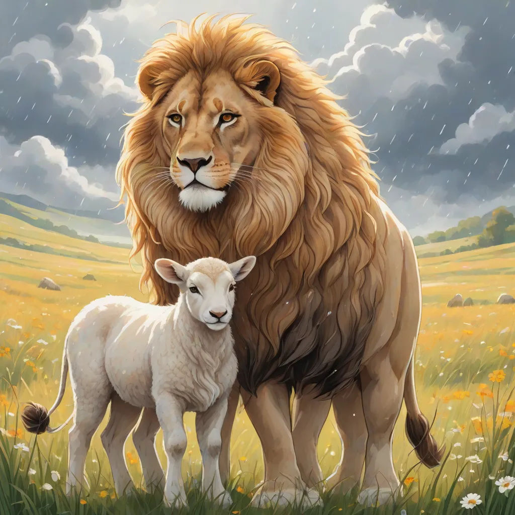 a lion and a lamb standing in a field of grass with a cloudy sky in the background, with a lion's head on the left side of the sheep, Chris LaBrooy, symbolism, a storybook illustration, official art
