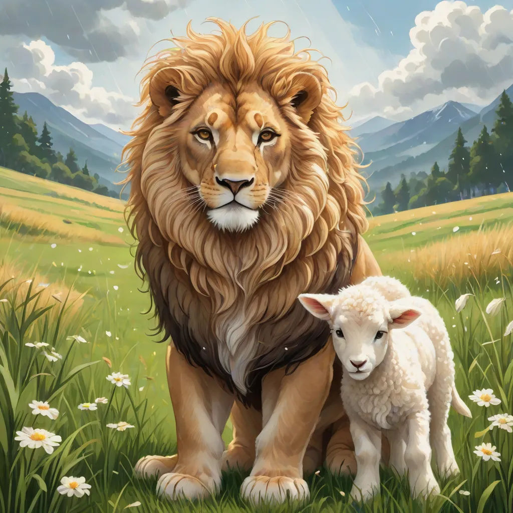 a painting of a lion and a lamb in a field of grass with mountains in the background and clouds in the sky, Chris LaBrooy, lyco art, a storybook illustration, official art