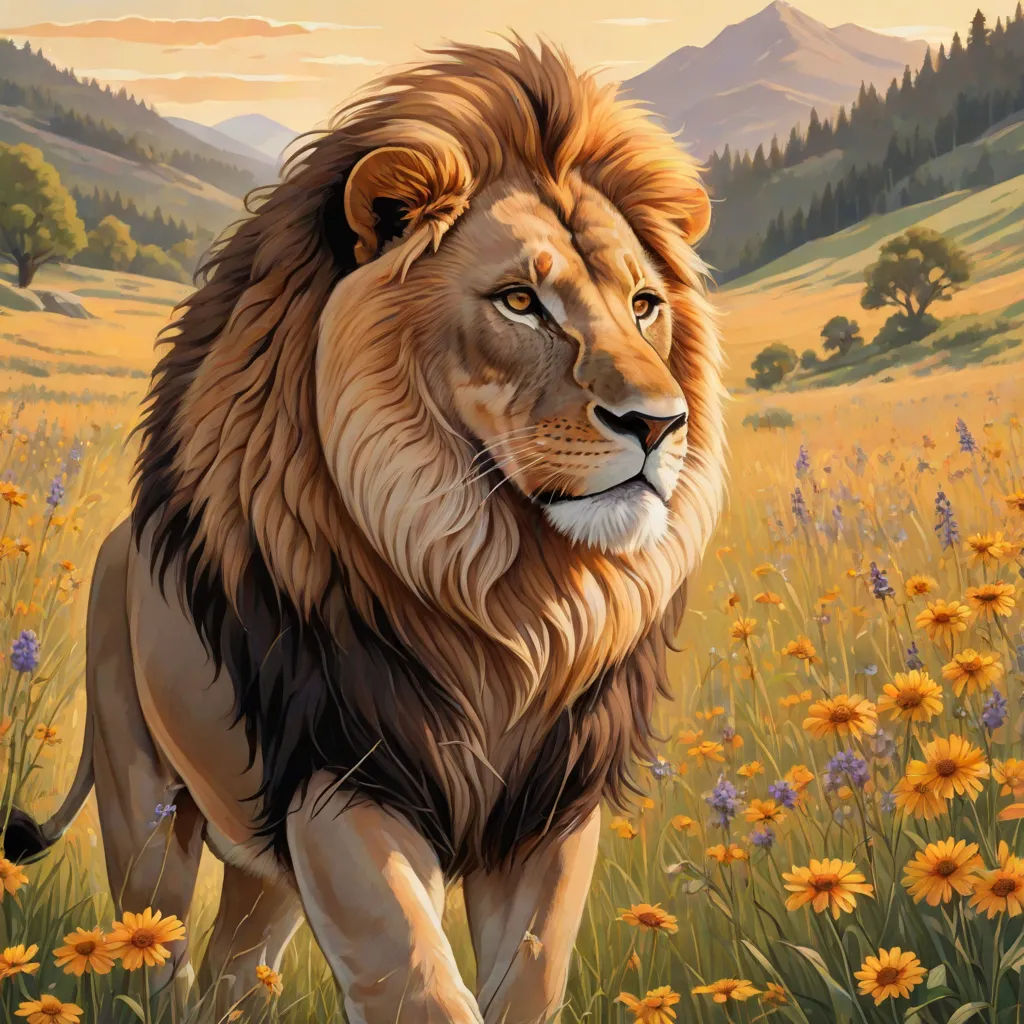 a painting of a lion walking through a field of flowers and grass with mountains in the background and a sunset, Anne Stokes, furry art, a digital painting, majestic