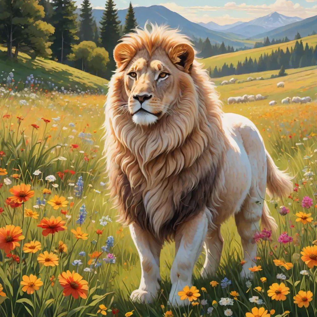 a painting of a lion standing in a field of flowers and grass with mountains in the background and a sky with clouds, Chris LaBrooy, furry art, an oil painting, majestic