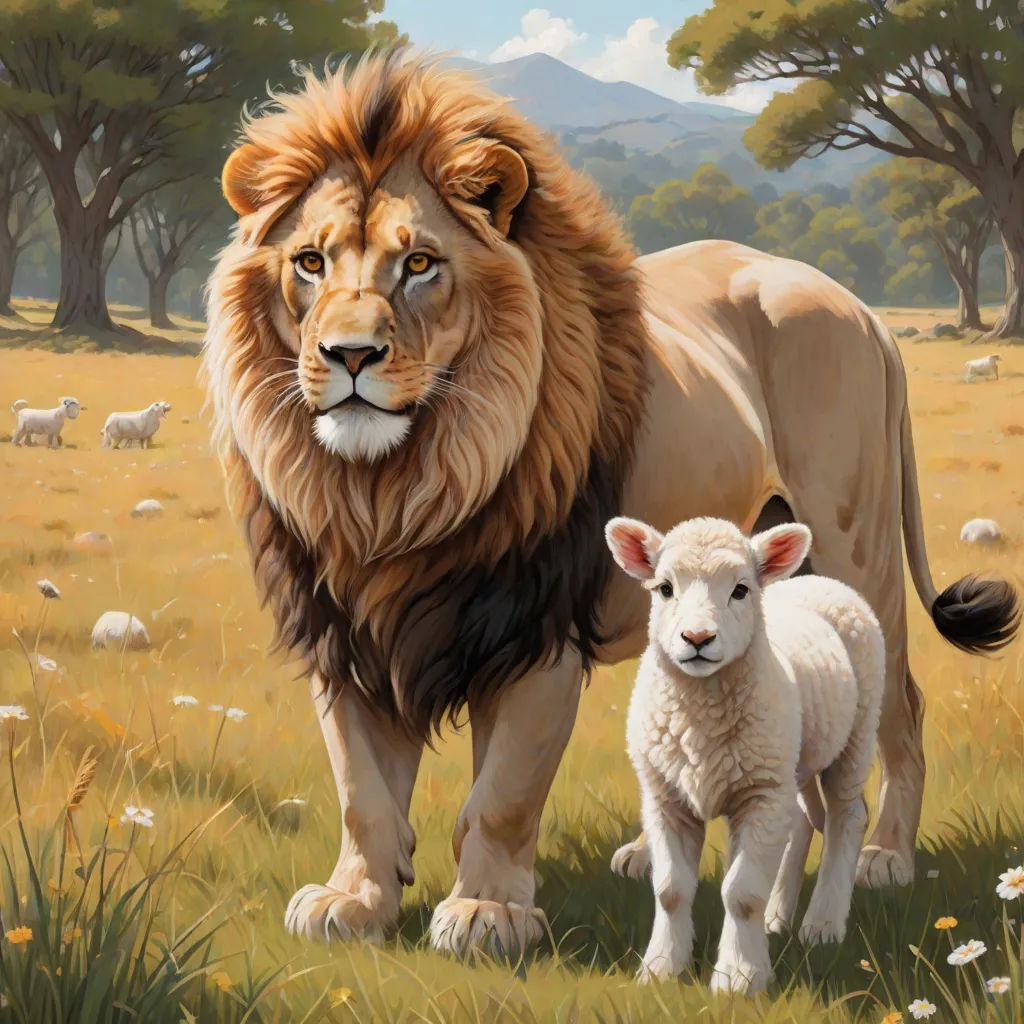 a painting of a lion and a lamb in a field of grass with trees in the background and a mountain in the distance, Brothers Hildebrandt, american scene painting, an oil painting, oil painting