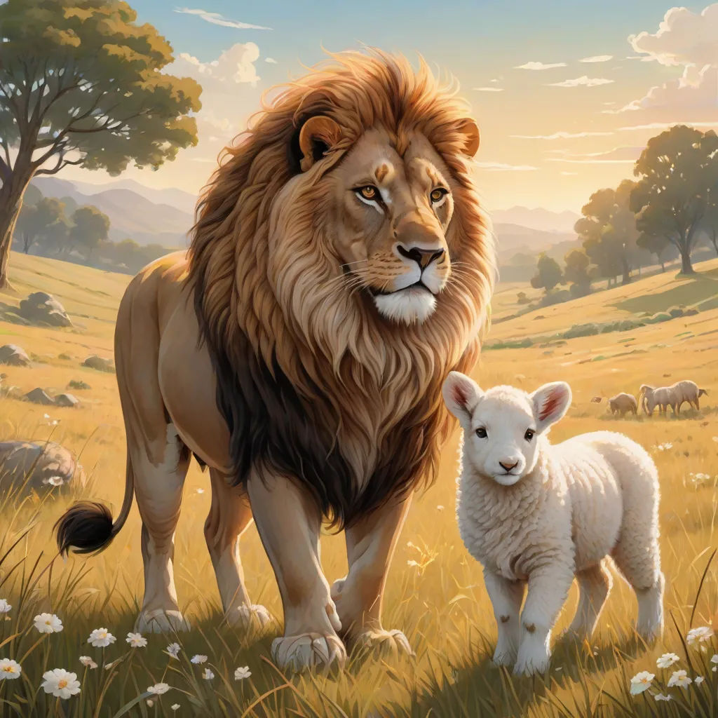 a lion and a lamb standing in a field of grass with trees in the background and a sky with clouds, Brothers Hildebrandt, american scene painting, a storybook illustration, official art