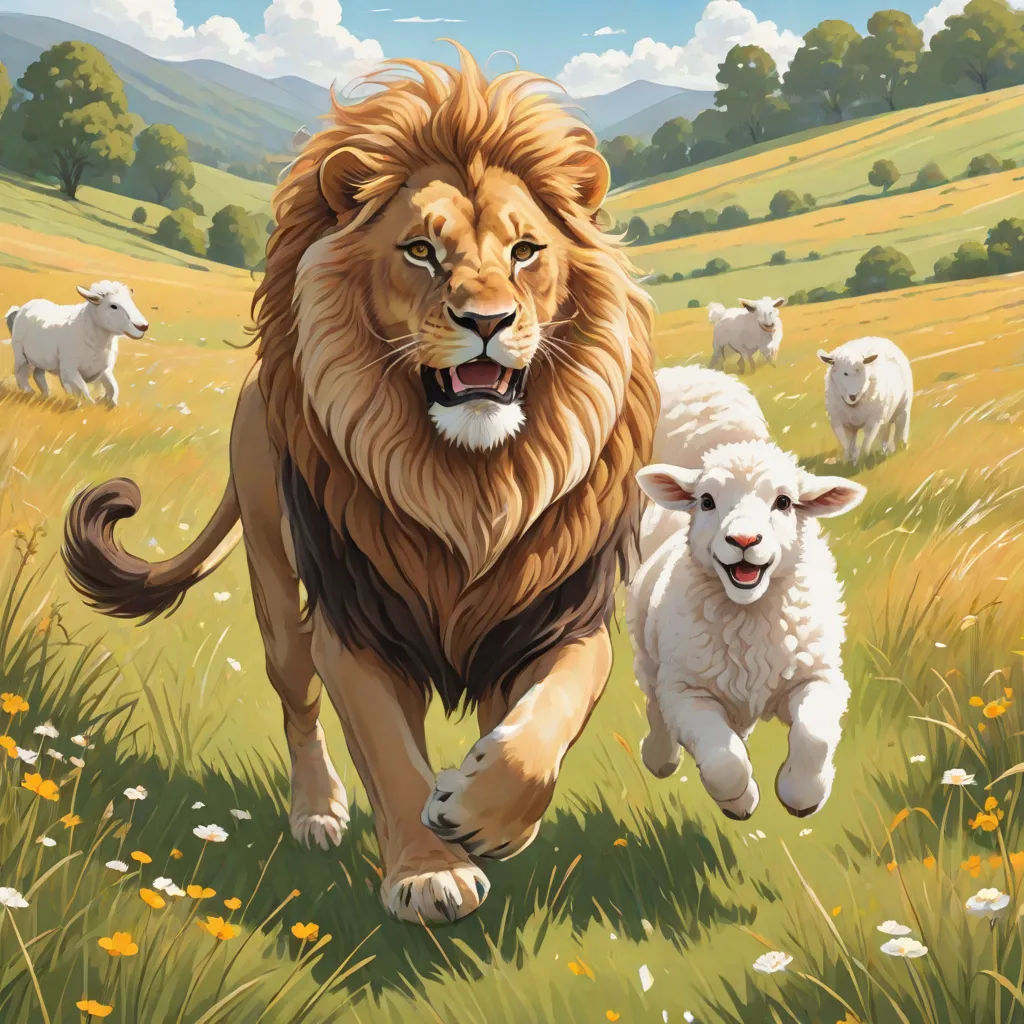 a lion and a lamb running through a field of grass with mountains in the background and clouds in the sky, Chris LaBrooy, american scene painting, a storybook illustration, official art