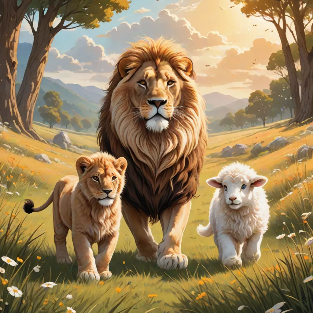 a lion and two lambs in a field with trees and grass in the background, with a sunset in the background, Chris LaBrooy, fantasy art, a storybook illustration, official art