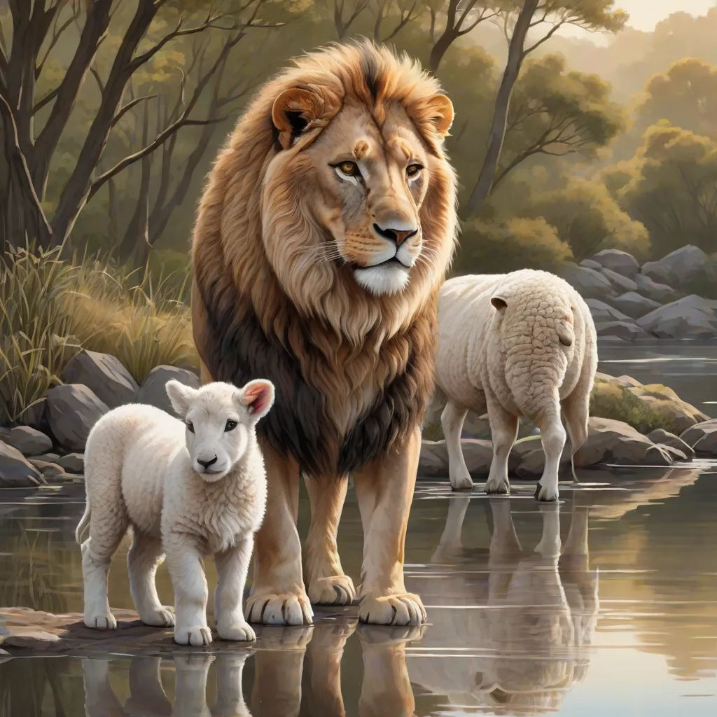 a lion and two lambs are standing in the water by a stream of water with trees in the background, Anne Stokes, fantastic realism, an oil painting, highly detailed oil painting