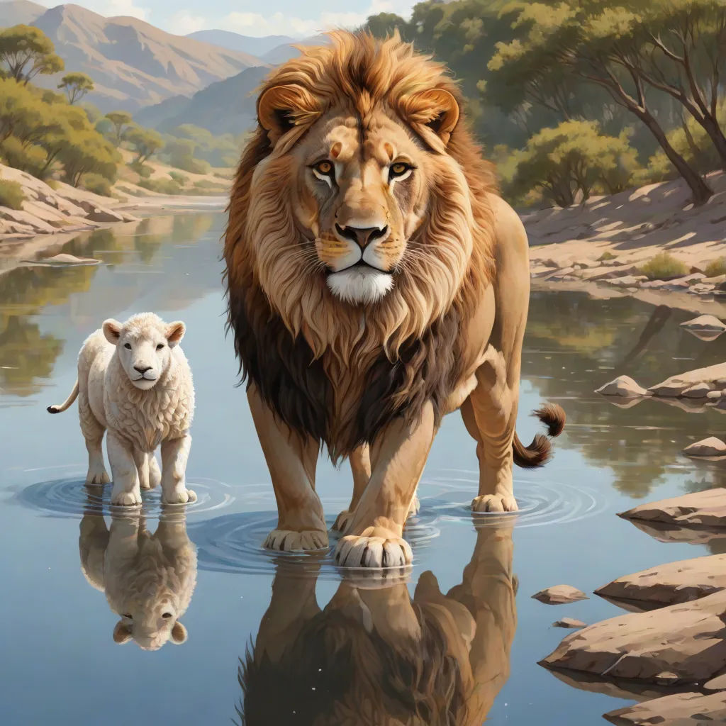 a lion and a lamb are walking in the water together, with mountains in the background and a river running through the water, Brothers Hildebrandt, american scene painting, an oil painting, highly detailed digital painting