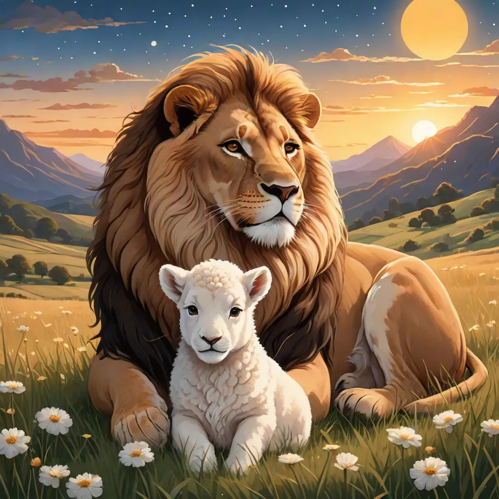 a lion and a lamb are sitting in a field of grass with mountains in the background and a full moon in the sky, Anne Stokes, fantasy art, a storybook illustration, storybook illustration