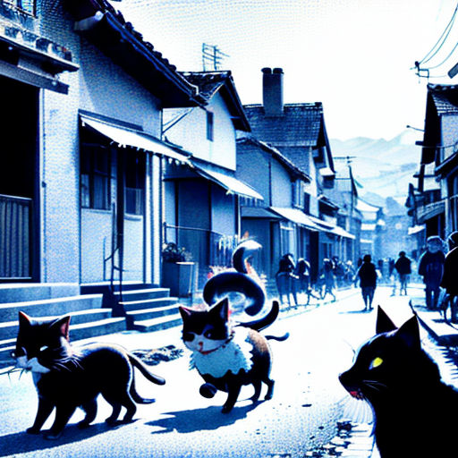 a group of cats walking down a street next to a building with a clock on it's face