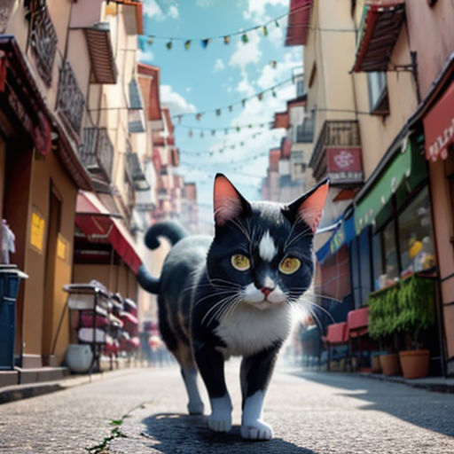a cat walking down a street next to a building with a string of lights strung above it and a cat on the sidewalk