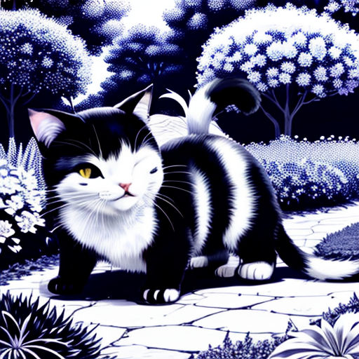 a black and white cat sitting on a stone path in a garden with trees and bushes in the background