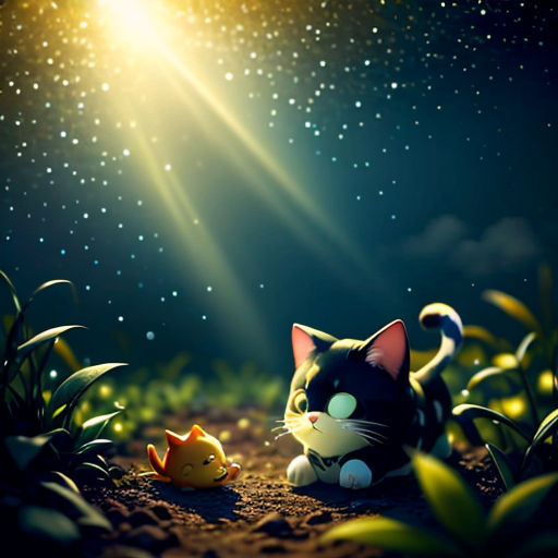 a cat and a bird sitting in the grass under a star filled sky with stars and a bright light