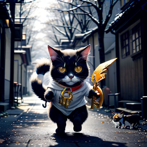 a cat is walking down a street with a key in its hand and a dog is walking behind it