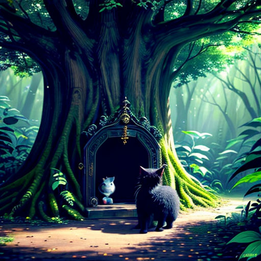 a painting of a forest with a cat and a dog in the doorway of a tree trunk with a cat sitting in the doorway