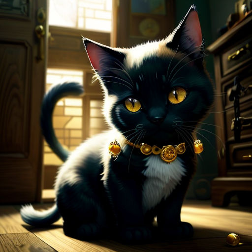 a black and white cat with a gold collar and a gold necklace on it's neck sitting on a wooden floor