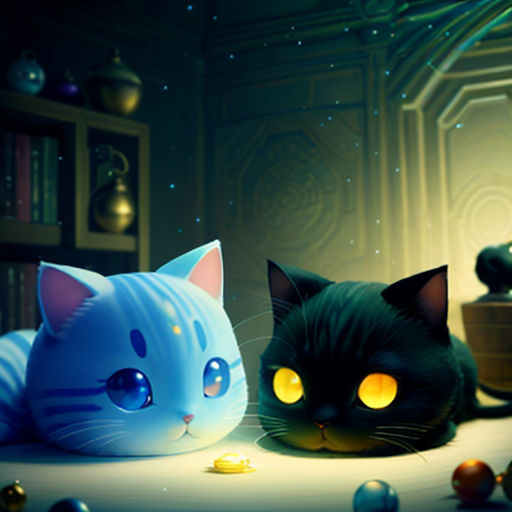 two cats are sitting on a table with balls and a lamp in the background, and a cat is looking at the camera