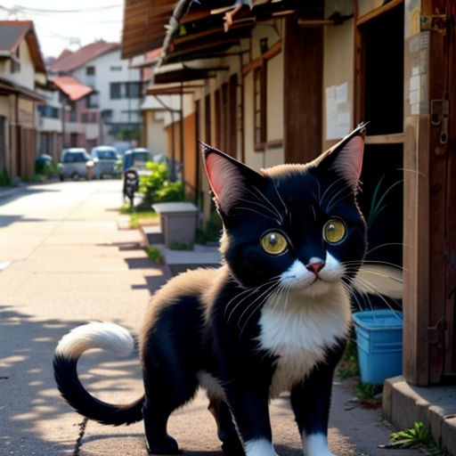 a black and white cat standing on a sidewalk next to a building and a car parked on the side of the road