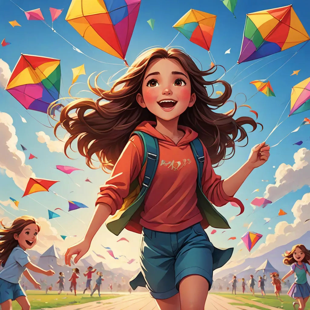 a girl running with kites in the air above her head and a group of children running behind her, art & language, a storybook illustration, Cyril Rolando, rossdraws global illumination