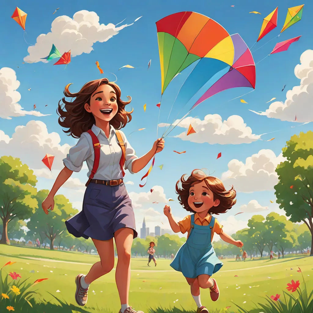 a painting of two girls flying a kite in a park with a sky background and trees and grass and a blue sky, american scene painting, a storybook illustration, Aaron Jasinski, official art