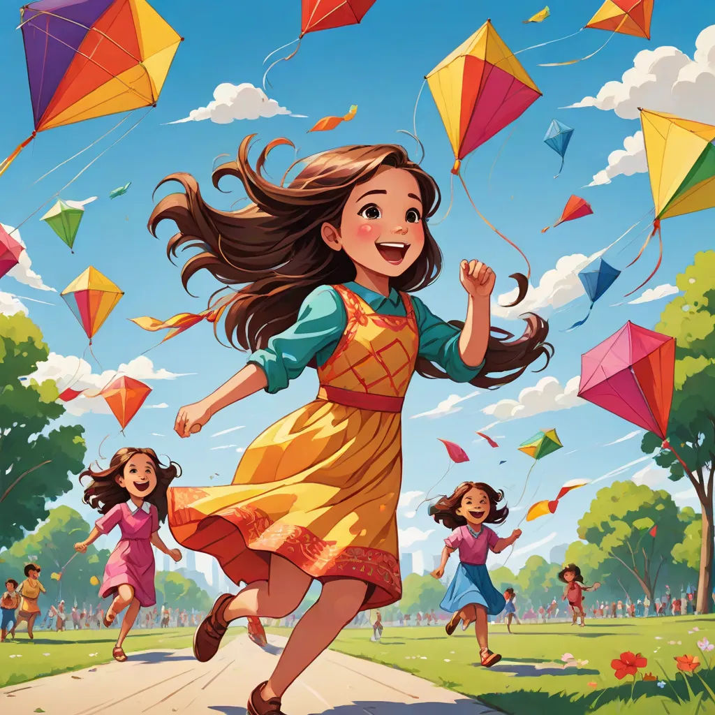 a girl running with kites in the air in a park with other children flying kites in the background, american scene painting, a storybook illustration, Chris LaBrooy, official art