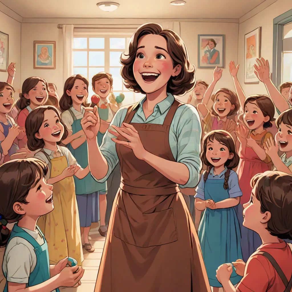 a woman in an apron standing in front of a group of children in a room with a woman holding a microphone, american scene painting, a storybook illustration, Dorothy Coke, official art