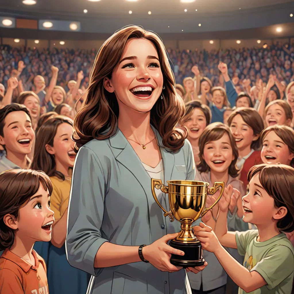 a woman holding a trophy in front of a crowd of children in a theater with a woman smiling and holding a trophy, american realism, a storybook illustration, Dorothy Coke, official art