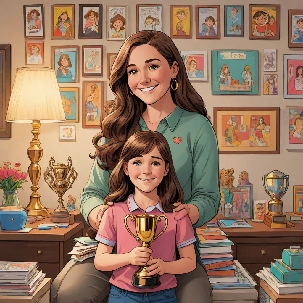 a woman and a child are sitting in front of a desk with a trophy in their hands and a lamp on the table, serial art, a storybook illustration, Cliff Childs, comic cover art