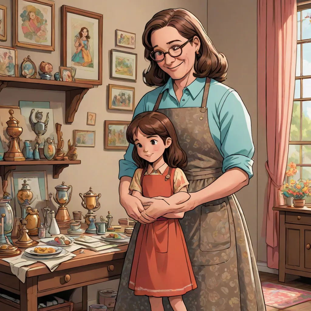 a woman holding a little girl in a kitchen with a lot of pictures on the wall behind her and a table with a plate of food on it, american scene painting, a storybook illustration, Elizabeth Forbes, official art
