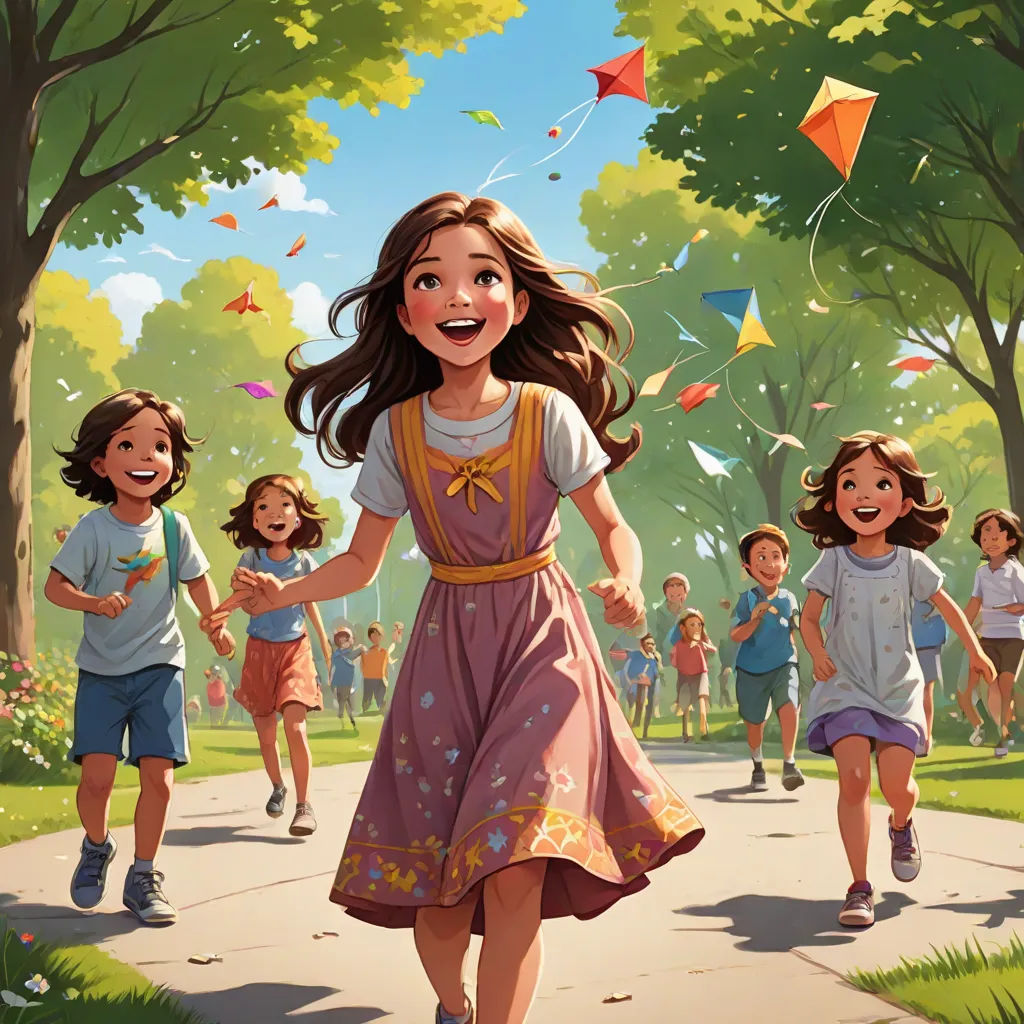 a group of children running down a path with kites flying above them and a girl in a dress, american scene painting, a storybook illustration, Alejandro Burdisio, official art