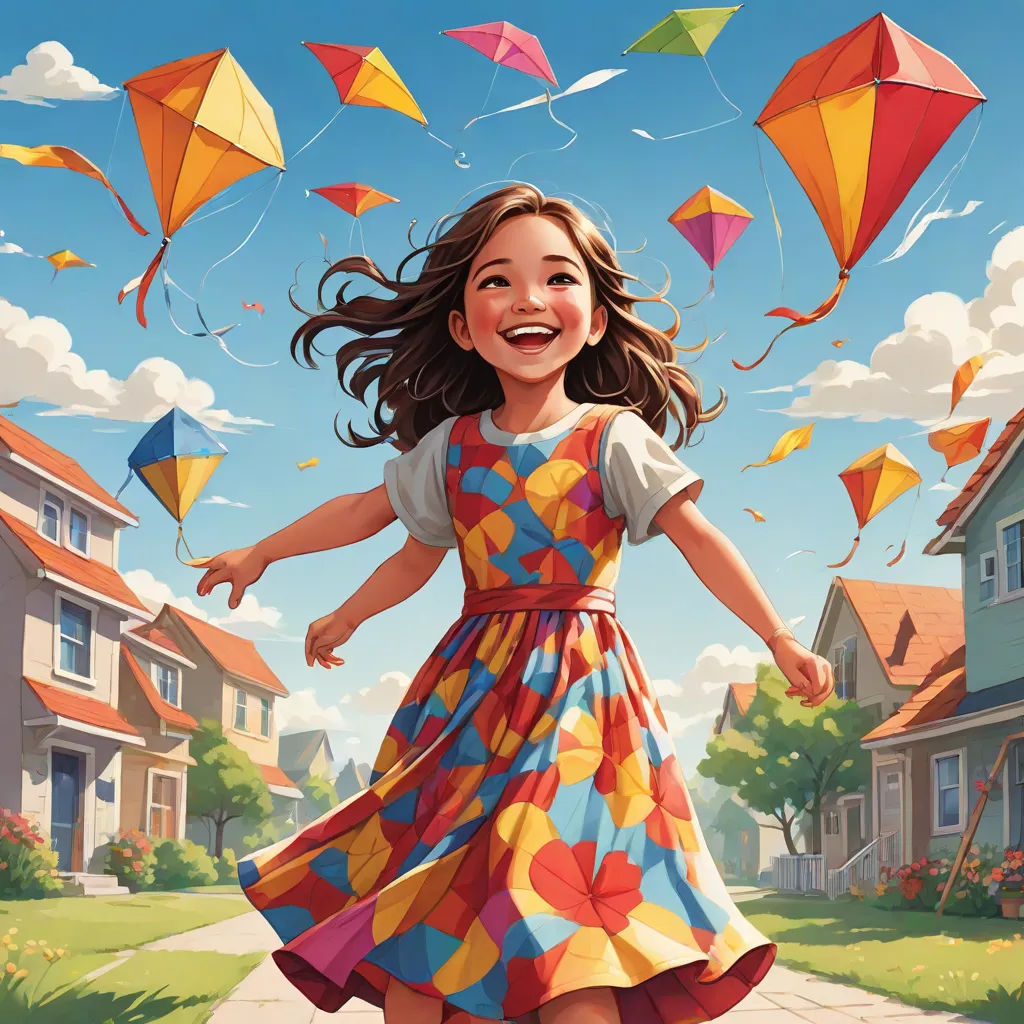 a girl in a colorful dress is flying kites in the air over a neighborhood with houses and a lawn, american scene painting, an ultrafine detailed painting, Bob Byerley, affinity photo