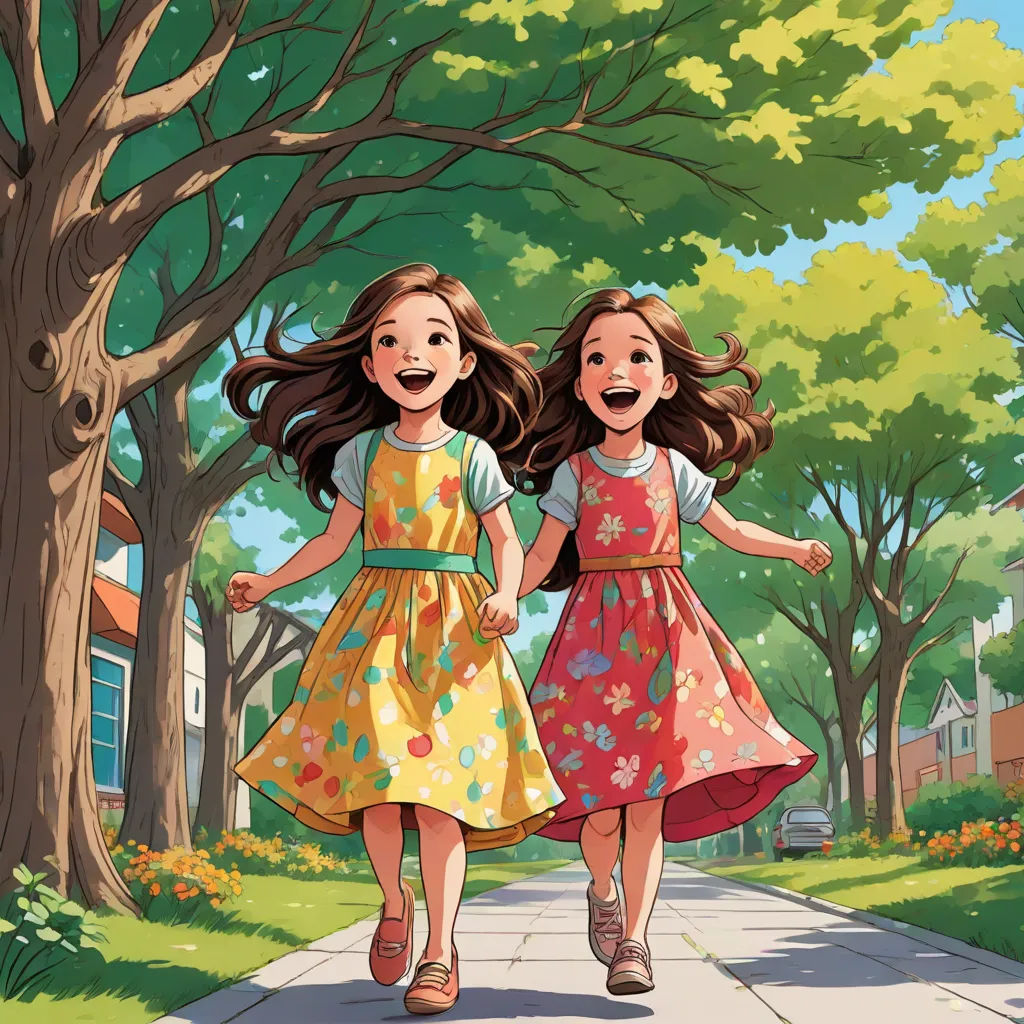 two girls walking down a sidewalk in a park with trees and flowers on the ground and a house in the background, naive art, a storybook illustration, Brothers Hildebrandt, storybook illustration