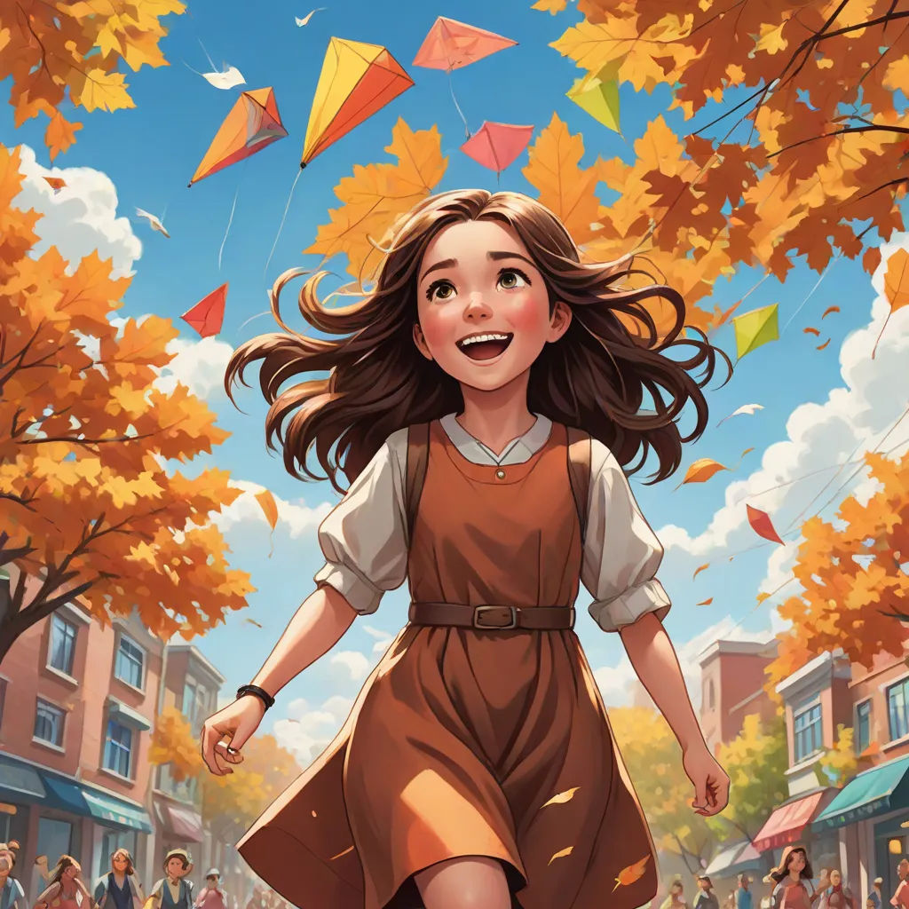 a girl in a brown dress is running through the street with kites in the sky above her and a crowd of people in the background, magical realism, a storybook illustration, Artgerm, rossdraws global illumination