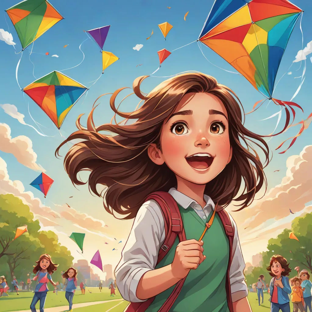 a girl with long hair and a backpack is flying kites in the sky above a park with many children, art & language, a storybook illustration, Diego Gisbert Llorens, comic cover art