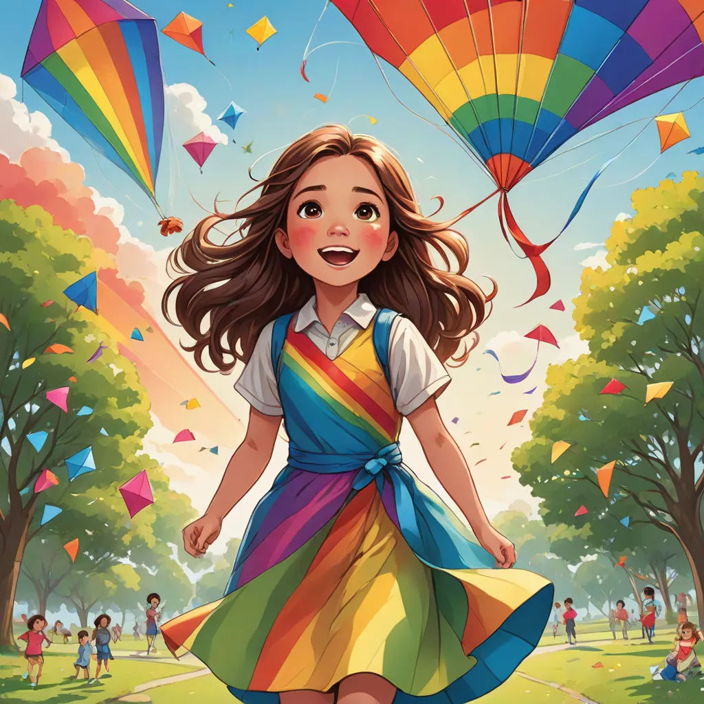 a girl in a rainbow dress is holding a rainbow kite in a park with people flying kites in the sky, naive art, a storybook illustration, Chen Lin, rossdraws global illumination