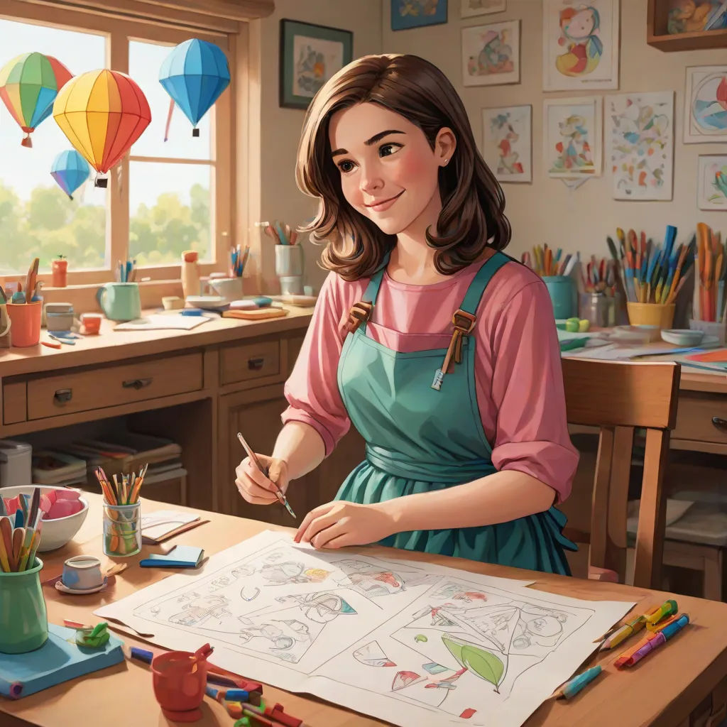 a woman is sitting at a table with a drawing on it and a bunch of balloons in the background, american scene painting, a storybook illustration, Chris LaBrooy, trending on art station