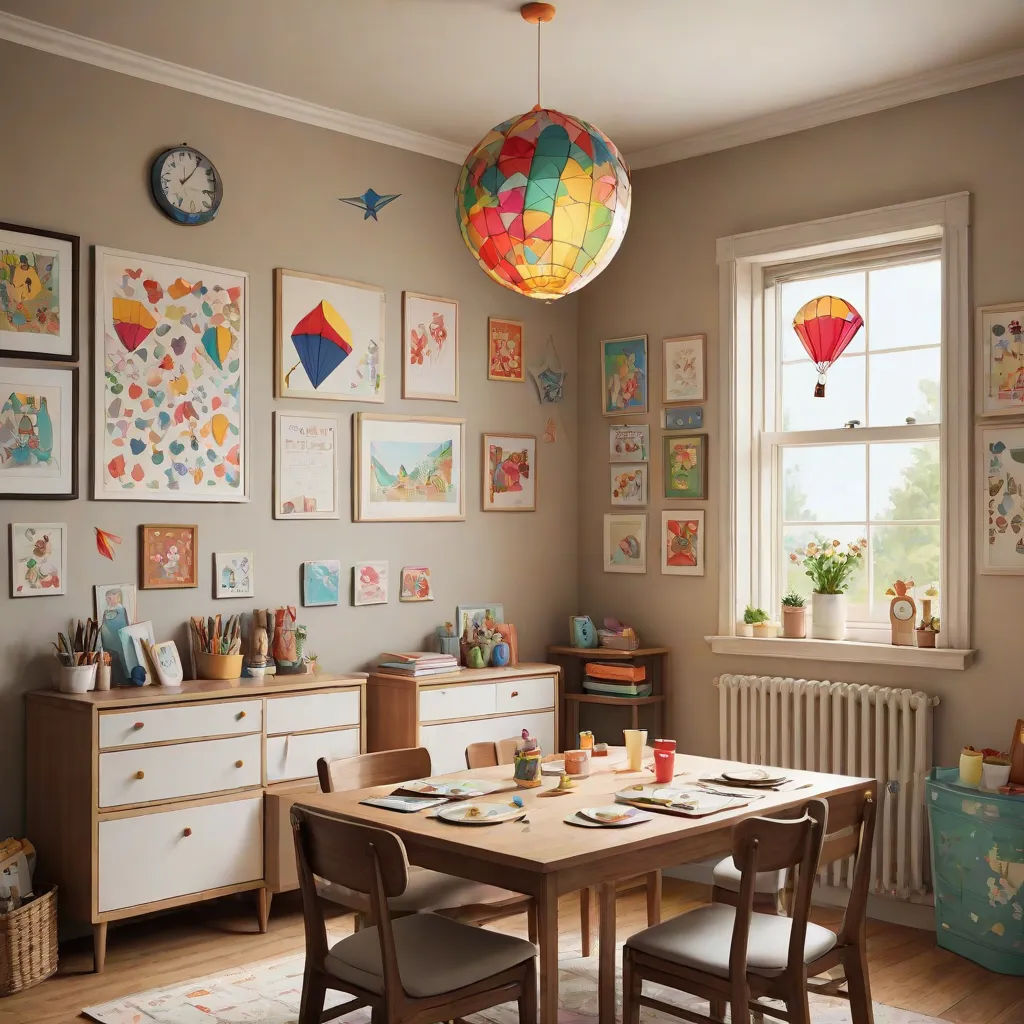 a dining room with a table and chairs and a large window with a colorful light hanging above it and a clock on the wall, photorealism, a photorealistic painting, Evgeny Lushpin, unreal engine 5 highly rendered