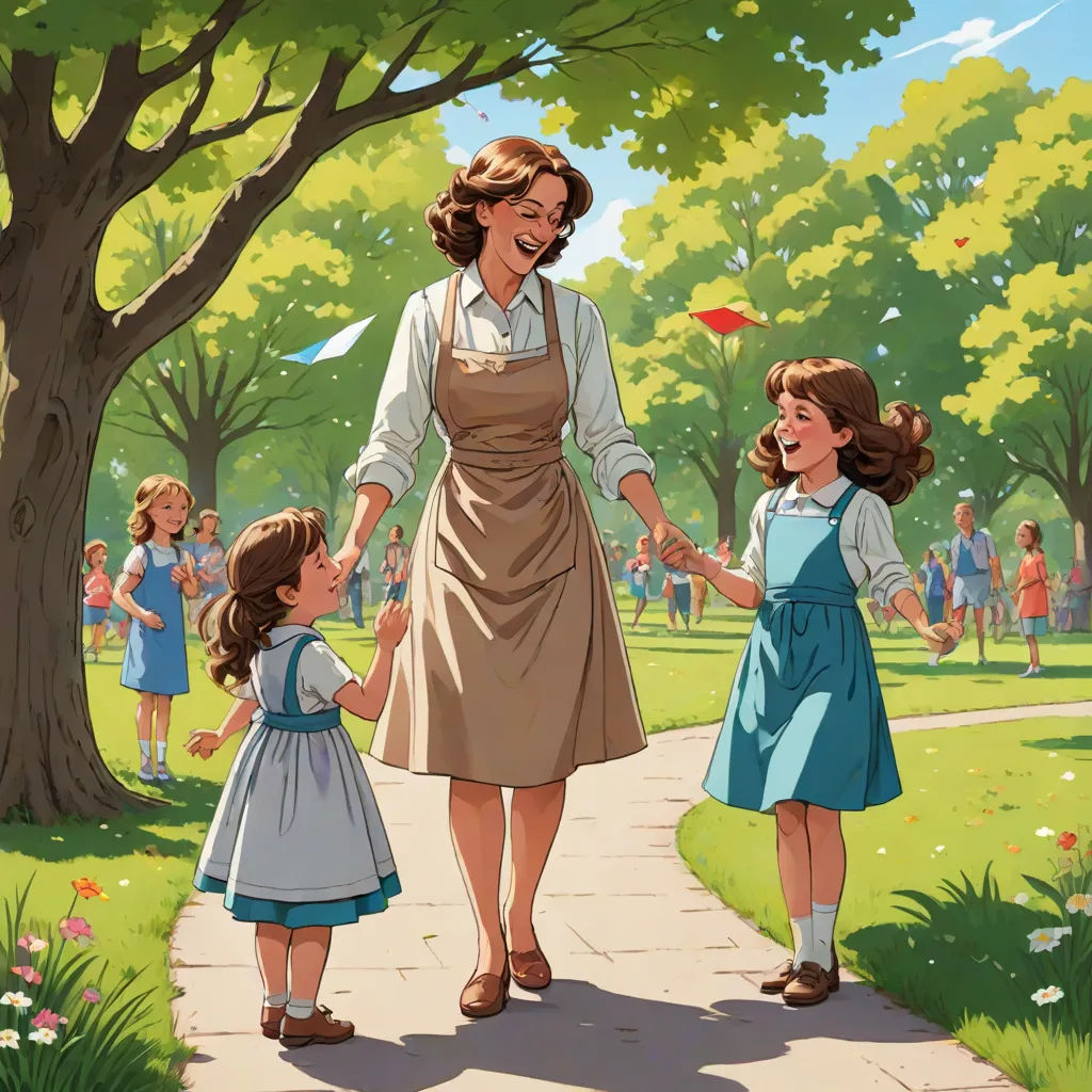 a woman and two children walking down a path in a park with trees and people in the background,, american scene painting, a storybook illustration, Brothers Hildebrandt, official art