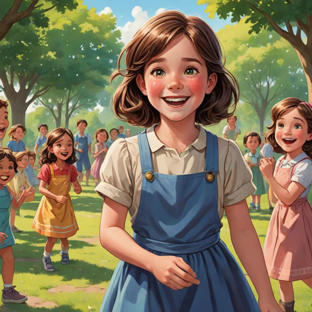 a painting of a girl in a blue dress standing in front of a group of children in a park, american scene painting, a storybook illustration, Constance Gordon-Cumming, official art