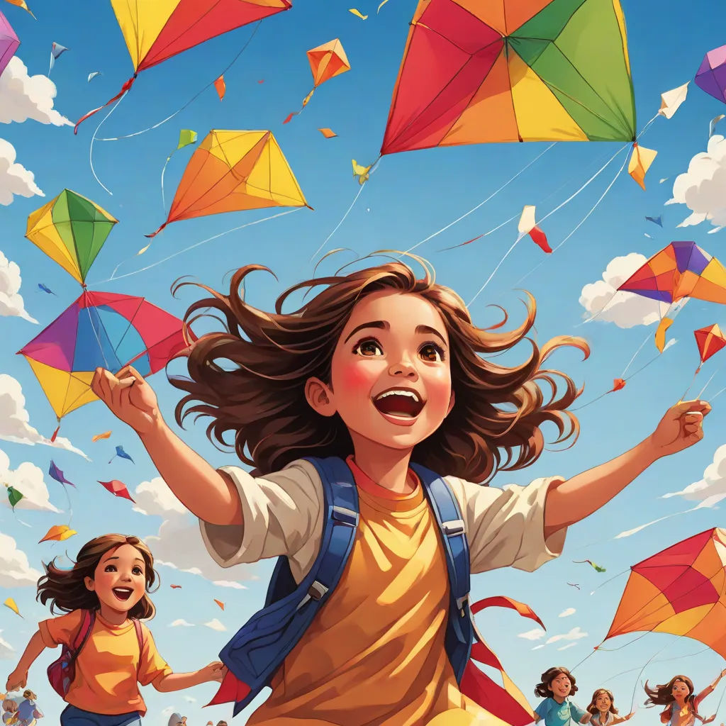 a girl is flying a kite with other children in the background and a sky full of kites flying overhead, naive art, a storybook illustration, Cyril Rolando, highly detailed digital painting