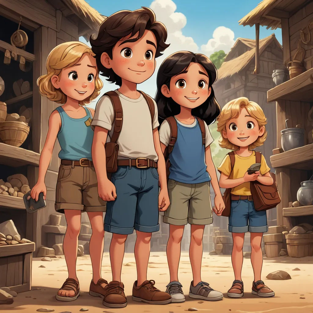 a group of people standing in front of a store with a boy and girl standing next to each other, lyco art, a storybook illustration, Diego Gisbert Llorens, rossdraws global illumination