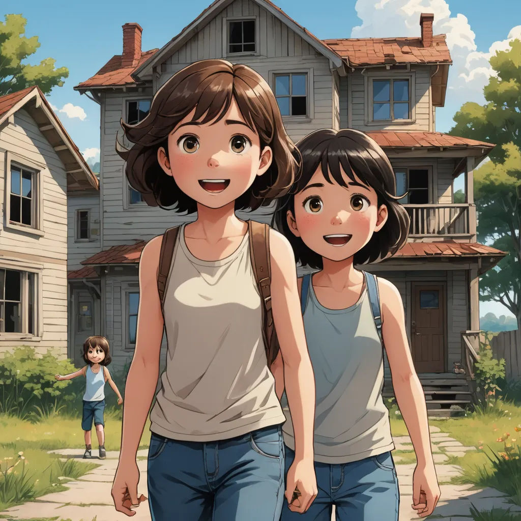 two young girls walking in front of a house with a boy and girl in the background in a cartoon, american scene painting, a storybook illustration, Atey Ghailan, official art