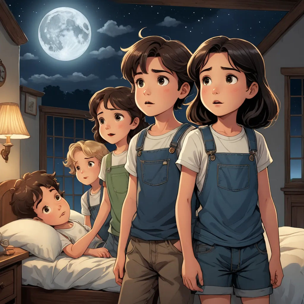 a group of children standing in front of a bed in a bedroom with a full moon in the sky, serial art, a storybook illustration, Diego Gisbert Llorens, storybook illustration