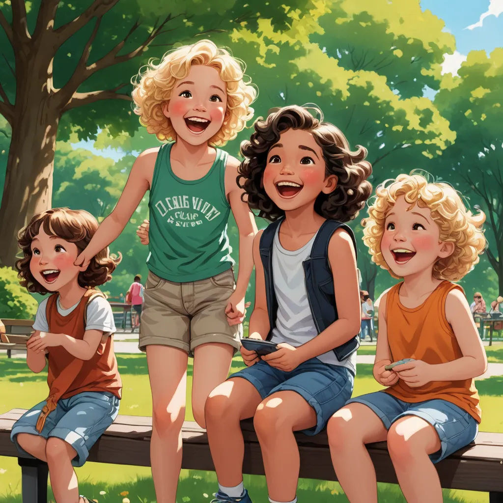 a group of children sitting on a bench in a park together, laughing and laughing at the camera man, paris school, a storybook illustration, Diego Gisbert Llorens, cushart krenz