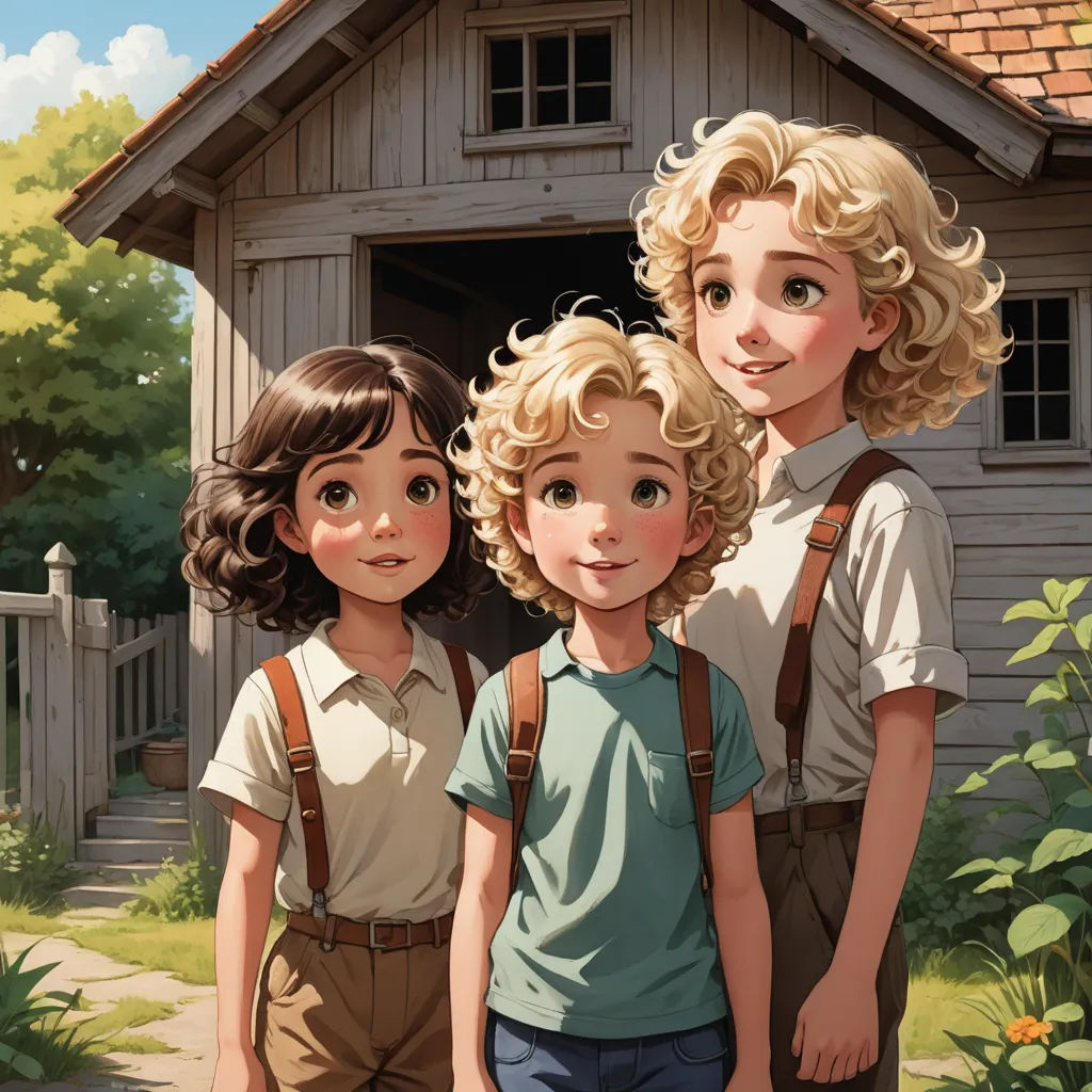 a painting of two children standing in front of a house with a dog in the yard behind them and a dog in the yard behind them, american scene painting, a storybook illustration, Brothers Hildebrandt, cushart krenz