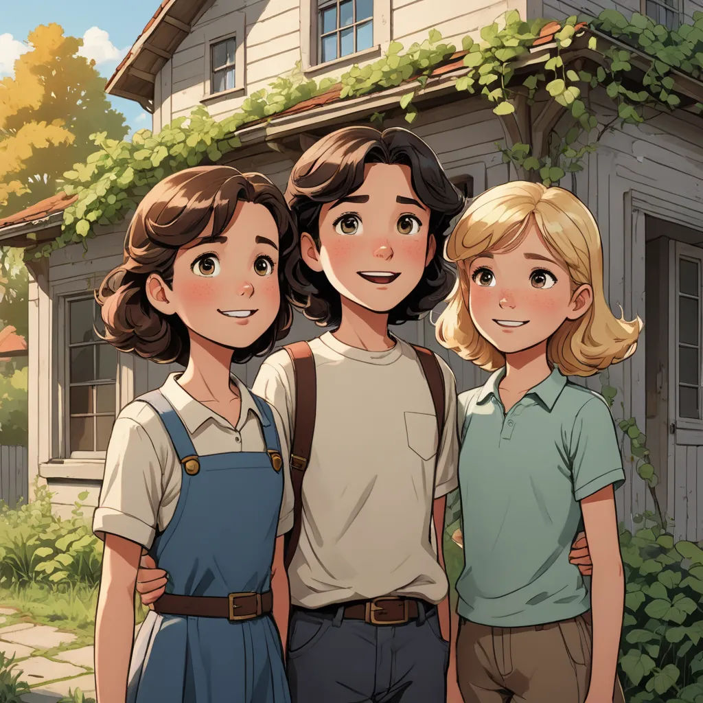 three people standing in front of a house with a dog on the ground and a dog on the ground, northwest school, a storybook illustration, Brothers Hildebrandt, official art